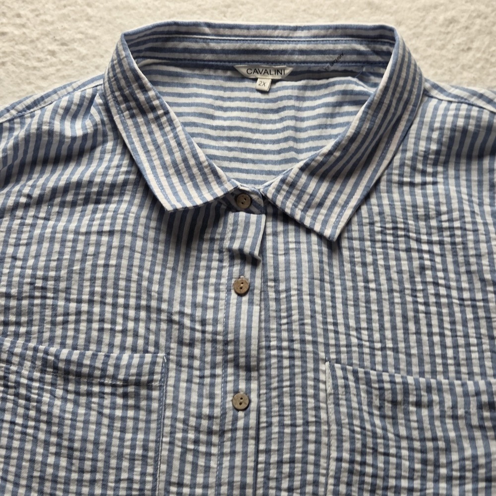 Cavalini Wovens Blue White Striped Button Up Top 2X WTP544MP Seersucker Style